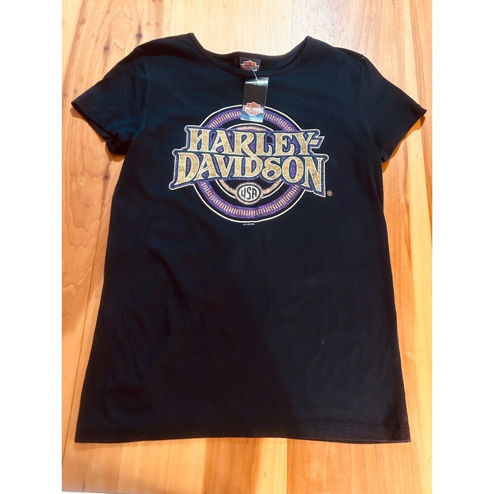 Harley Davidson Women’s Tee. Size 2xl Black-Purple And Gold Glitter Logo Orlando